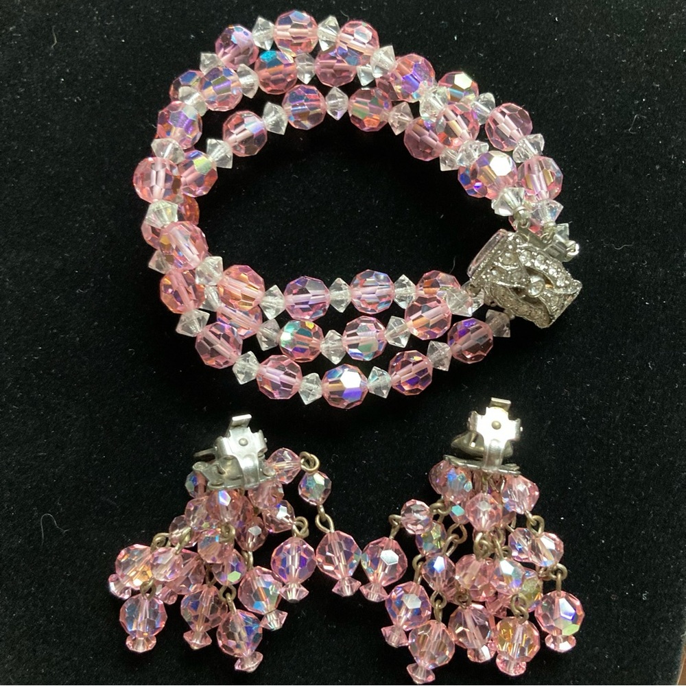 Vintage Pink & White Demi Parure Rhinestone Bracelet & Earrings